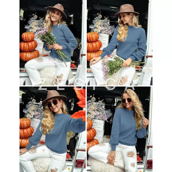 imageZESICA Womens 2023 Casual Turtleneck Long Lantern Sleeve Oversized Ribbed Knit Pullover Sweater Jumper TopGreyblue
