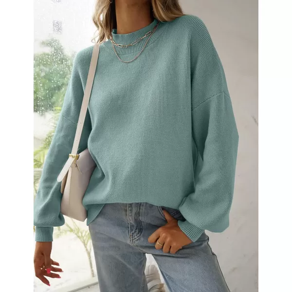 imageZESICA Womens 2023 Casual Turtleneck Long Lantern Sleeve Oversized Ribbed Knit Pullover Sweater Jumper TopLake
