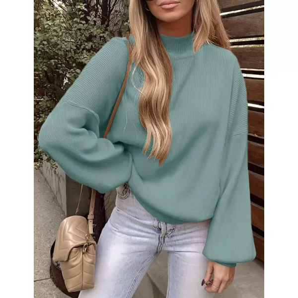 imageZESICA Womens 2023 Casual Turtleneck Long Lantern Sleeve Oversized Ribbed Knit Pullover Sweater Jumper TopLake