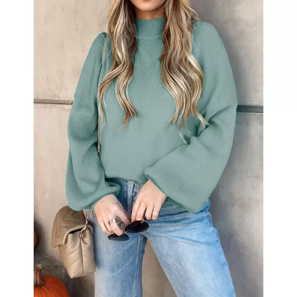 imageZESICA Womens 2023 Casual Turtleneck Long Lantern Sleeve Oversized Ribbed Knit Pullover Sweater Jumper TopLake