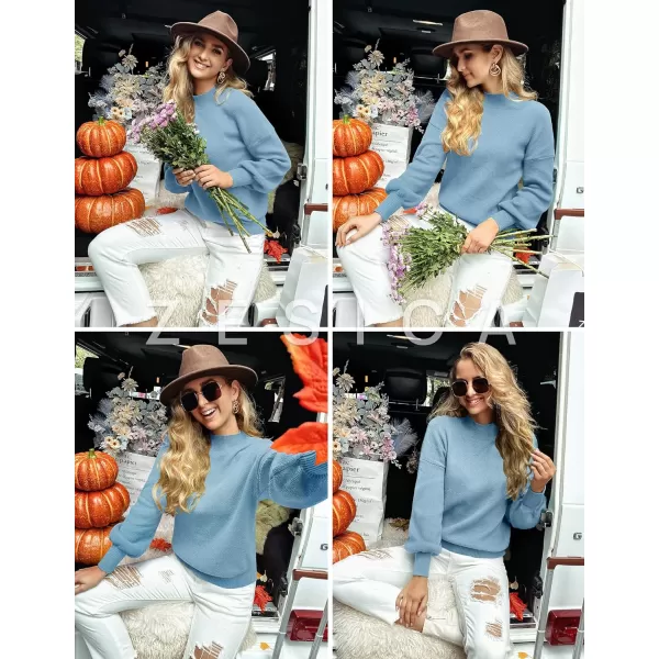 imageZESICA Womens 2023 Casual Turtleneck Long Lantern Sleeve Oversized Ribbed Knit Pullover Sweater Jumper TopLightblue