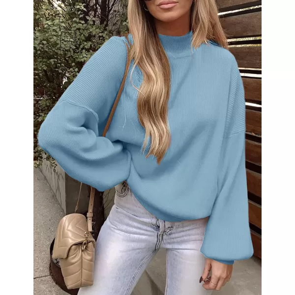 imageZESICA Womens 2023 Casual Turtleneck Long Lantern Sleeve Oversized Ribbed Knit Pullover Sweater Jumper TopLightblue