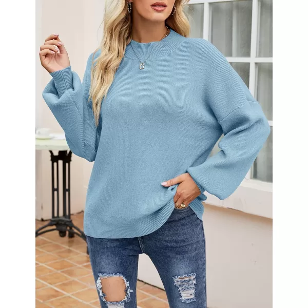 imageZESICA Womens 2023 Casual Turtleneck Long Lantern Sleeve Oversized Ribbed Knit Pullover Sweater Jumper TopLightblue