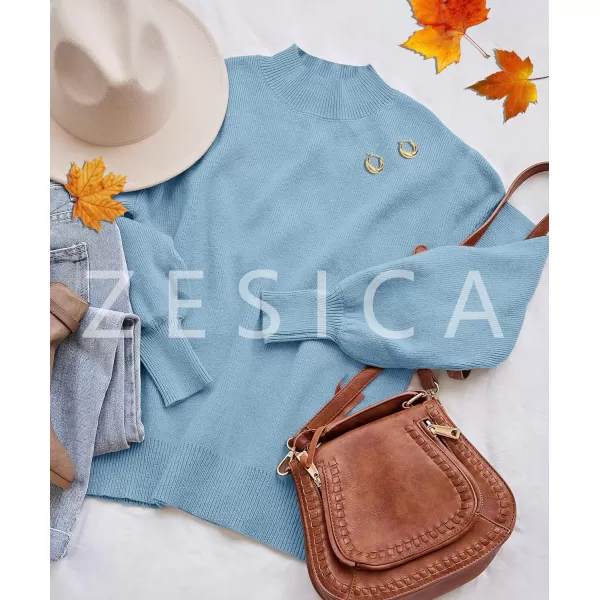 imageZESICA Womens 2023 Casual Turtleneck Long Lantern Sleeve Oversized Ribbed Knit Pullover Sweater Jumper TopLightblue