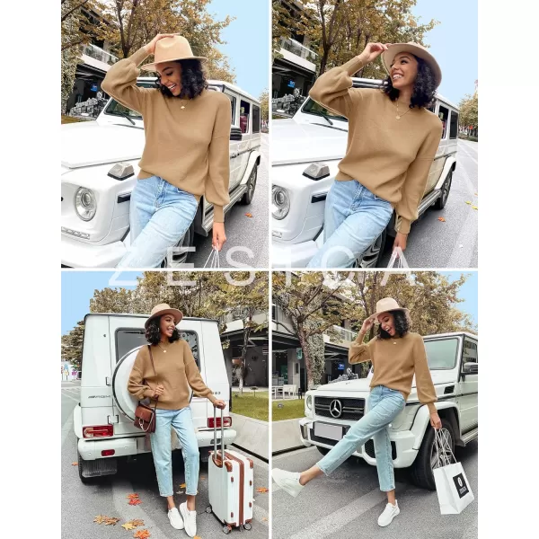 imageZESICA Womens 2023 Casual Turtleneck Long Lantern Sleeve Oversized Ribbed Knit Pullover Sweater Jumper TopLightkhaki