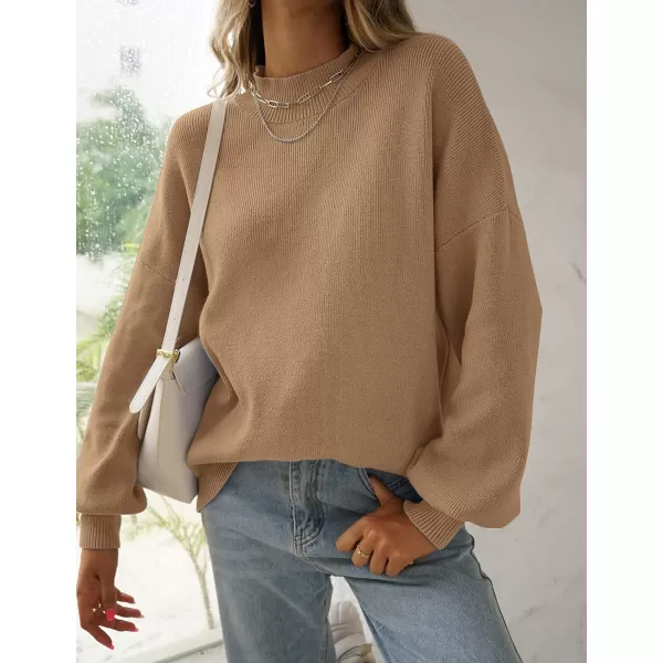 imageZESICA Womens 2023 Casual Turtleneck Long Lantern Sleeve Oversized Ribbed Knit Pullover Sweater Jumper TopLightkhaki