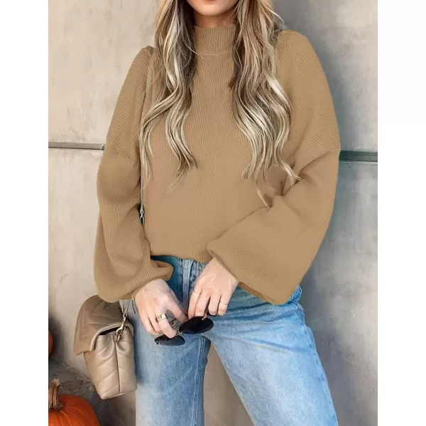 imageZESICA Womens 2023 Casual Turtleneck Long Lantern Sleeve Oversized Ribbed Knit Pullover Sweater Jumper TopLightkhaki
