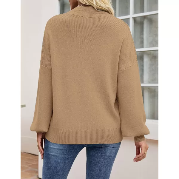 imageZESICA Womens 2023 Casual Turtleneck Long Lantern Sleeve Oversized Ribbed Knit Pullover Sweater Jumper TopLightkhaki