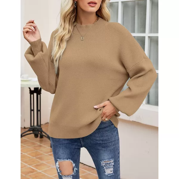 imageZESICA Womens 2023 Casual Turtleneck Long Lantern Sleeve Oversized Ribbed Knit Pullover Sweater Jumper TopLightkhaki