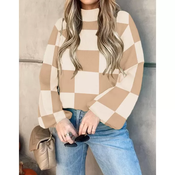 imageZESICA Womens 2023 Casual Turtleneck Long Lantern Sleeve Oversized Ribbed Knit Pullover Sweater Jumper TopLightkhakiplaid
