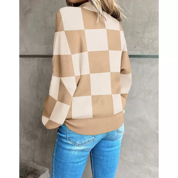 imageZESICA Womens 2023 Casual Turtleneck Long Lantern Sleeve Oversized Ribbed Knit Pullover Sweater Jumper TopLightkhakiplaid