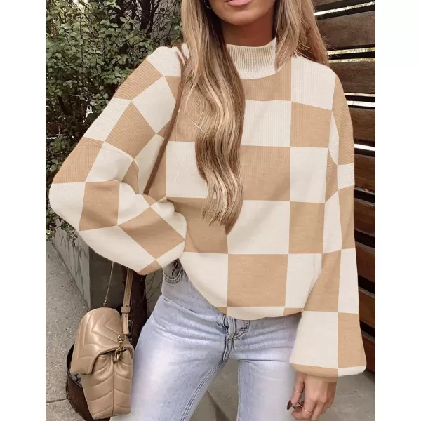 imageZESICA Womens 2023 Casual Turtleneck Long Lantern Sleeve Oversized Ribbed Knit Pullover Sweater Jumper TopLightkhakiplaid