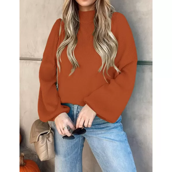 imageZESICA Womens 2023 Casual Turtleneck Long Lantern Sleeve Oversized Ribbed Knit Pullover Sweater Jumper TopMaple