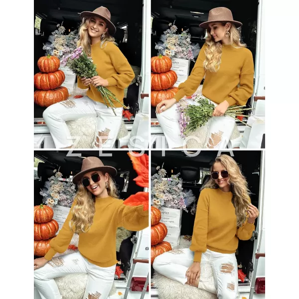 imageZESICA Womens 2023 Casual Turtleneck Long Lantern Sleeve Oversized Ribbed Knit Pullover Sweater Jumper TopMustard