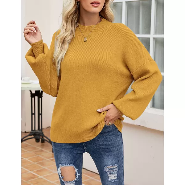 imageZESICA Womens 2023 Casual Turtleneck Long Lantern Sleeve Oversized Ribbed Knit Pullover Sweater Jumper TopMustard