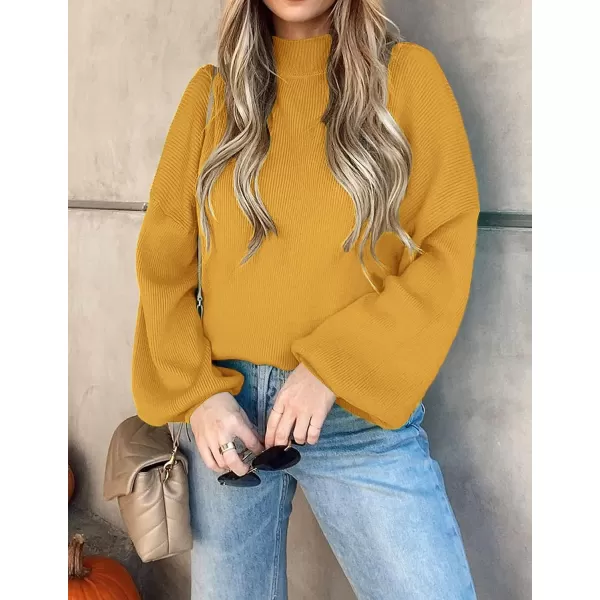 imageZESICA Womens 2023 Casual Turtleneck Long Lantern Sleeve Oversized Ribbed Knit Pullover Sweater Jumper TopMustard