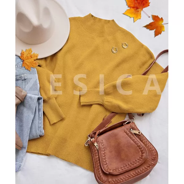 imageZESICA Womens 2023 Casual Turtleneck Long Lantern Sleeve Oversized Ribbed Knit Pullover Sweater Jumper TopMustard