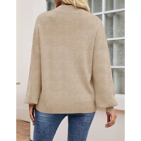 imageZESICA Womens 2023 Casual Turtleneck Long Lantern Sleeve Oversized Ribbed Knit Pullover Sweater Jumper TopOatmeal