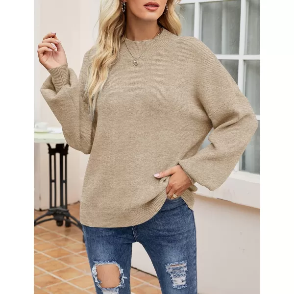 imageZESICA Womens 2023 Casual Turtleneck Long Lantern Sleeve Oversized Ribbed Knit Pullover Sweater Jumper TopOatmeal