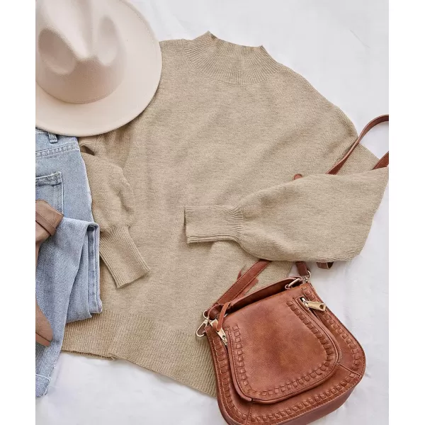 imageZESICA Womens 2023 Casual Turtleneck Long Lantern Sleeve Oversized Ribbed Knit Pullover Sweater Jumper TopOatmeal