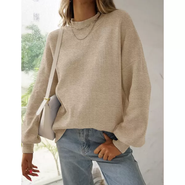 imageZESICA Womens 2023 Casual Turtleneck Long Lantern Sleeve Oversized Ribbed Knit Pullover Sweater Jumper TopOatmeal