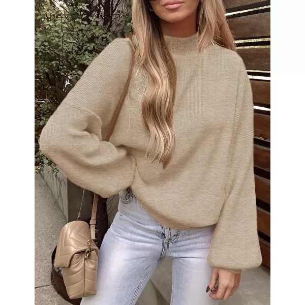 imageZESICA Womens 2023 Casual Turtleneck Long Lantern Sleeve Oversized Ribbed Knit Pullover Sweater Jumper TopOatmeal