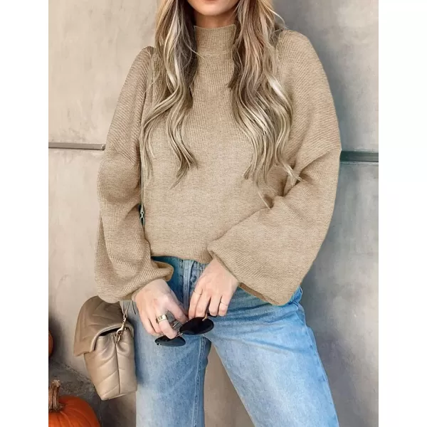 imageZESICA Womens 2023 Casual Turtleneck Long Lantern Sleeve Oversized Ribbed Knit Pullover Sweater Jumper TopOatmeal