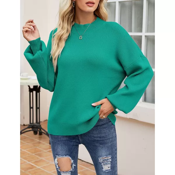 imageZESICA Womens 2023 Casual Turtleneck Long Lantern Sleeve Oversized Ribbed Knit Pullover Sweater Jumper TopPeacock