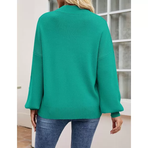 imageZESICA Womens 2023 Casual Turtleneck Long Lantern Sleeve Oversized Ribbed Knit Pullover Sweater Jumper TopPeacock