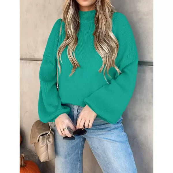imageZESICA Womens 2023 Casual Turtleneck Long Lantern Sleeve Oversized Ribbed Knit Pullover Sweater Jumper TopPeacock