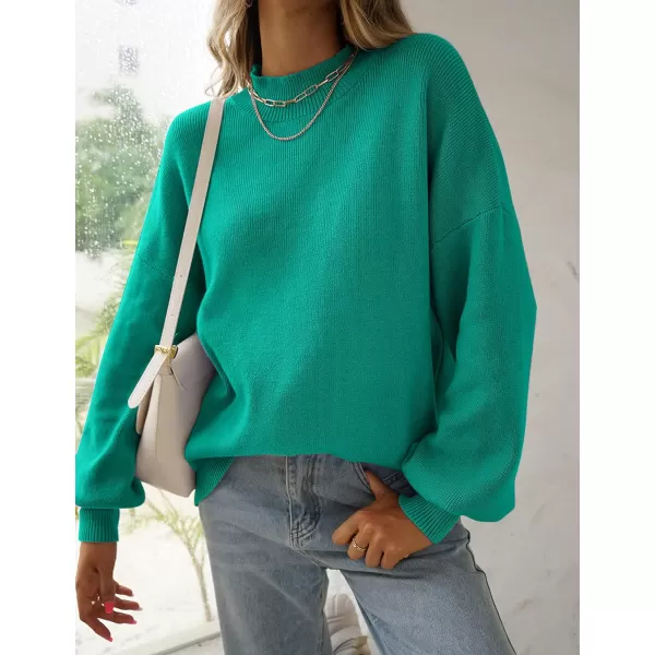 imageZESICA Womens 2023 Casual Turtleneck Long Lantern Sleeve Oversized Ribbed Knit Pullover Sweater Jumper TopPeacock