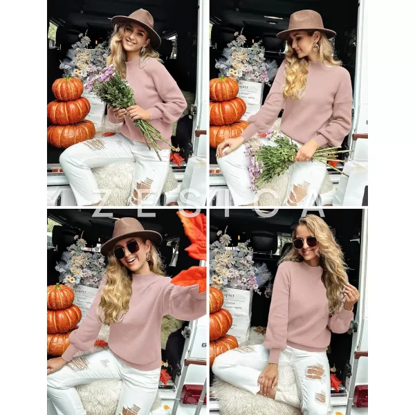 imageZESICA Womens 2023 Casual Turtleneck Long Lantern Sleeve Oversized Ribbed Knit Pullover Sweater Jumper TopPink