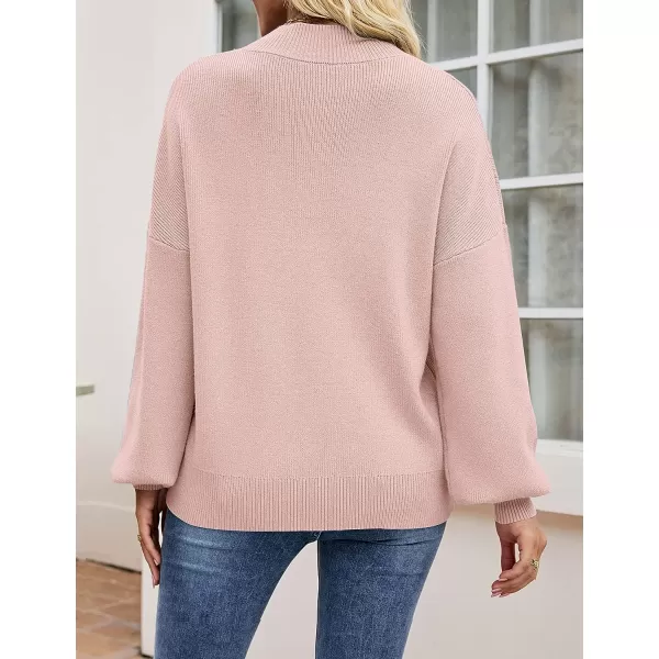 imageZESICA Womens 2023 Casual Turtleneck Long Lantern Sleeve Oversized Ribbed Knit Pullover Sweater Jumper TopPink