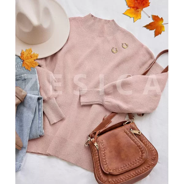 imageZESICA Womens 2023 Casual Turtleneck Long Lantern Sleeve Oversized Ribbed Knit Pullover Sweater Jumper TopPink
