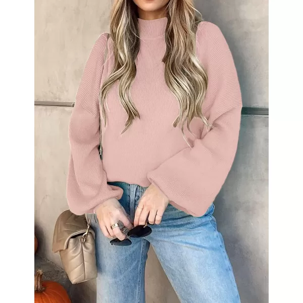 imageZESICA Womens 2023 Casual Turtleneck Long Lantern Sleeve Oversized Ribbed Knit Pullover Sweater Jumper TopPink