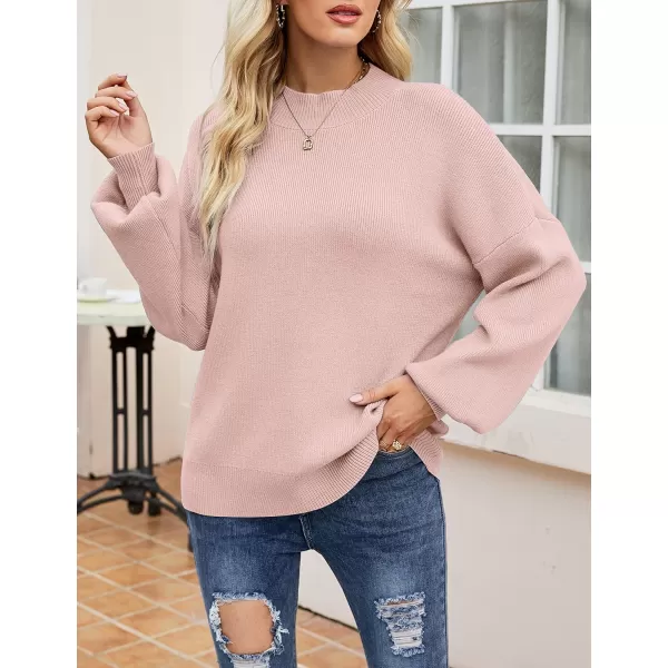 imageZESICA Womens 2023 Casual Turtleneck Long Lantern Sleeve Oversized Ribbed Knit Pullover Sweater Jumper TopPink