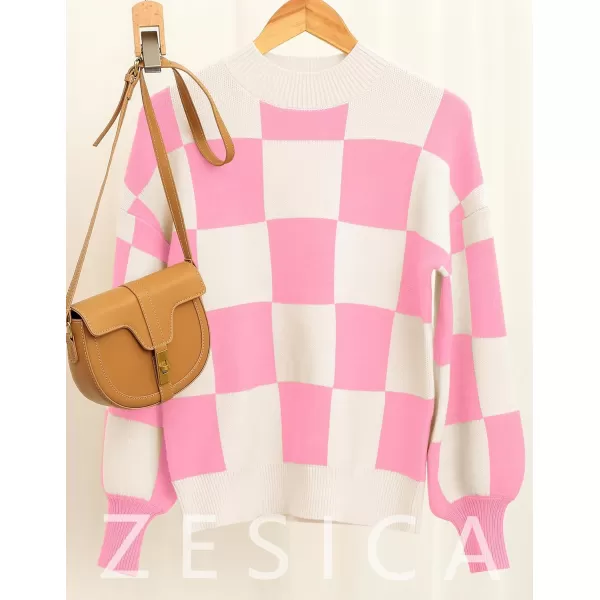 imageZESICA Womens 2023 Casual Turtleneck Long Lantern Sleeve Oversized Ribbed Knit Pullover Sweater Jumper TopPinkplaid