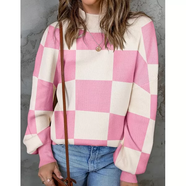 imageZESICA Womens 2023 Casual Turtleneck Long Lantern Sleeve Oversized Ribbed Knit Pullover Sweater Jumper TopPinkplaid