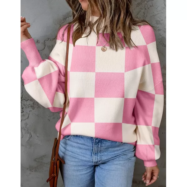 imageZESICA Womens 2023 Casual Turtleneck Long Lantern Sleeve Oversized Ribbed Knit Pullover Sweater Jumper TopPinkplaid