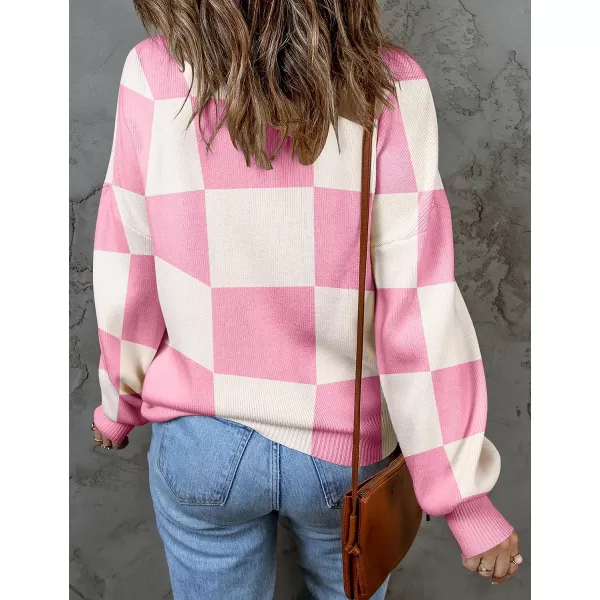 imageZESICA Womens 2023 Casual Turtleneck Long Lantern Sleeve Oversized Ribbed Knit Pullover Sweater Jumper TopPinkplaid