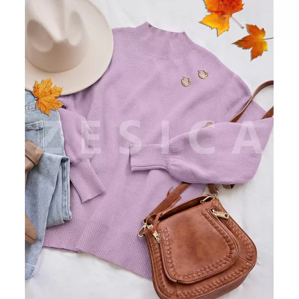 imageZESICA Womens 2023 Casual Turtleneck Long Lantern Sleeve Oversized Ribbed Knit Pullover Sweater Jumper TopPurple