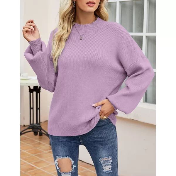 imageZESICA Womens 2023 Casual Turtleneck Long Lantern Sleeve Oversized Ribbed Knit Pullover Sweater Jumper TopPurple