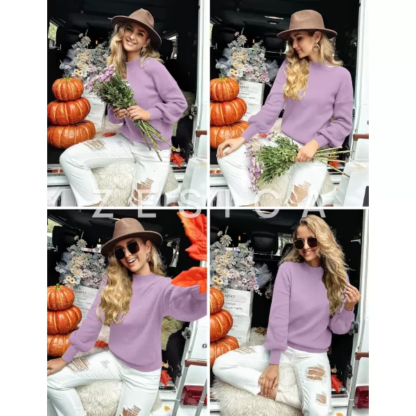 imageZESICA Womens 2023 Casual Turtleneck Long Lantern Sleeve Oversized Ribbed Knit Pullover Sweater Jumper TopPurple
