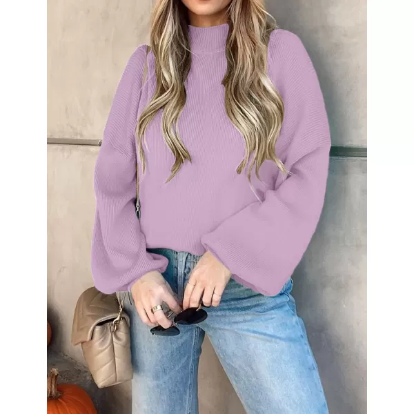 imageZESICA Womens 2023 Casual Turtleneck Long Lantern Sleeve Oversized Ribbed Knit Pullover Sweater Jumper TopPurple