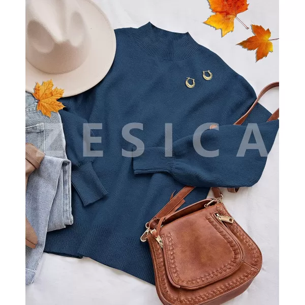 imageZESICA Womens 2023 Casual Turtleneck Long Lantern Sleeve Oversized Ribbed Knit Pullover Sweater Jumper TopRoyalblue