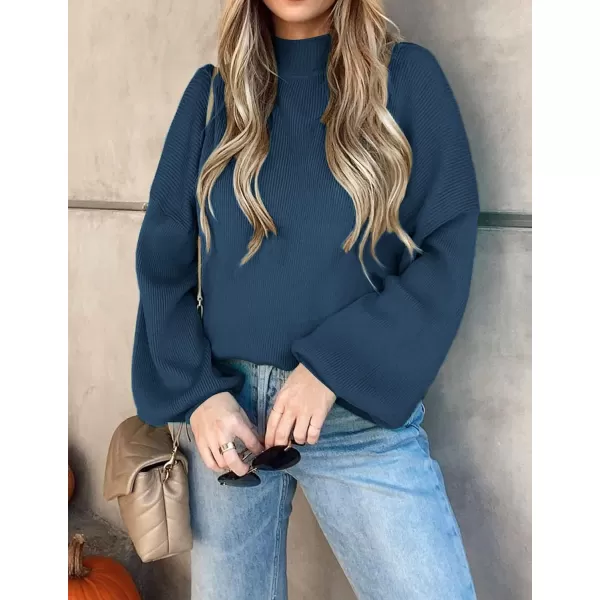 imageZESICA Womens 2023 Casual Turtleneck Long Lantern Sleeve Oversized Ribbed Knit Pullover Sweater Jumper TopRoyalblue