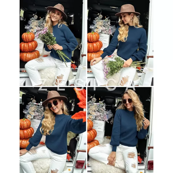 imageZESICA Womens 2023 Casual Turtleneck Long Lantern Sleeve Oversized Ribbed Knit Pullover Sweater Jumper TopRoyalblue