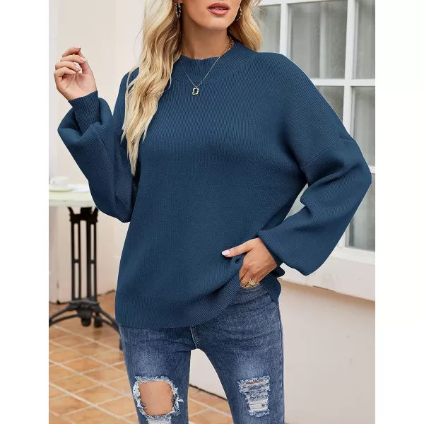 imageZESICA Womens 2023 Casual Turtleneck Long Lantern Sleeve Oversized Ribbed Knit Pullover Sweater Jumper TopRoyalblue
