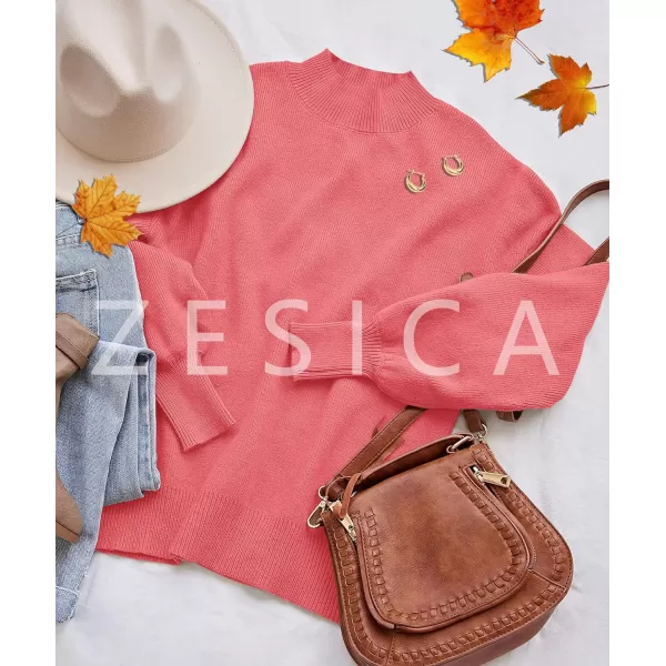 imageZESICA Womens 2023 Casual Turtleneck Long Lantern Sleeve Oversized Ribbed Knit Pullover Sweater Jumper TopWatermelon
