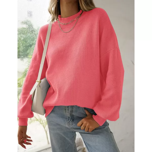 imageZESICA Womens 2023 Casual Turtleneck Long Lantern Sleeve Oversized Ribbed Knit Pullover Sweater Jumper TopWatermelon